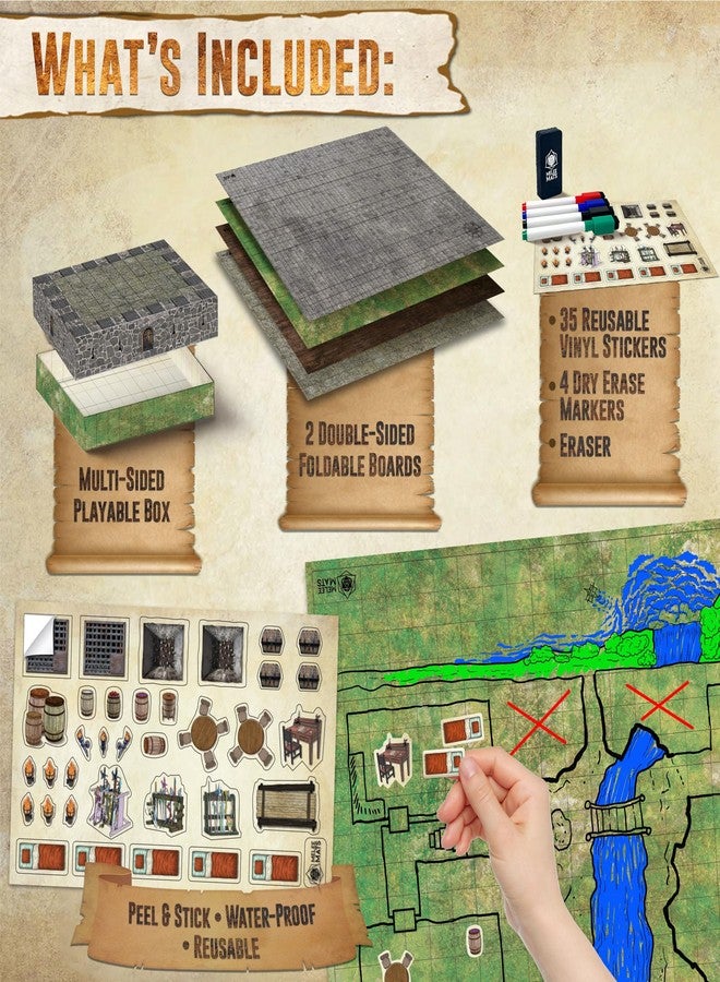 Melee Mats مجموعة خرائط بداية لعبة الاشتباك المباشر DND - شبكة تضاريس معركة مزدوجة الجوانب مقاس 22 × 26 بوصة، قابلة للمسح الجاف والرطب، للعبة Dungeons and Dragons - مجموعة ألعاب لوحية مع ملحقات - Image 2